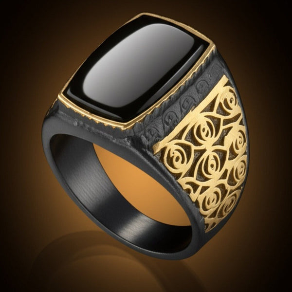 Royal Series - MIDNIGHT ORACLE RING - Pure Stainless Steel Men’s Black-Gold-Plated Ring – Statement Luxury Jewelry (Size : 16-19-21-22-24-26)