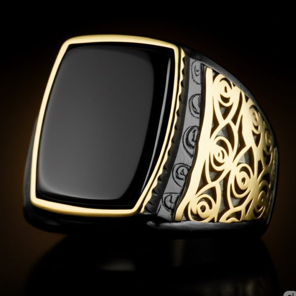 Royal Series - MIDNIGHT ORACLE RING - Pure Stainless Steel Men’s Black-Gold-Plated Ring – Statement Luxury Jewelry (Size : 16-19-21-22-24-26)