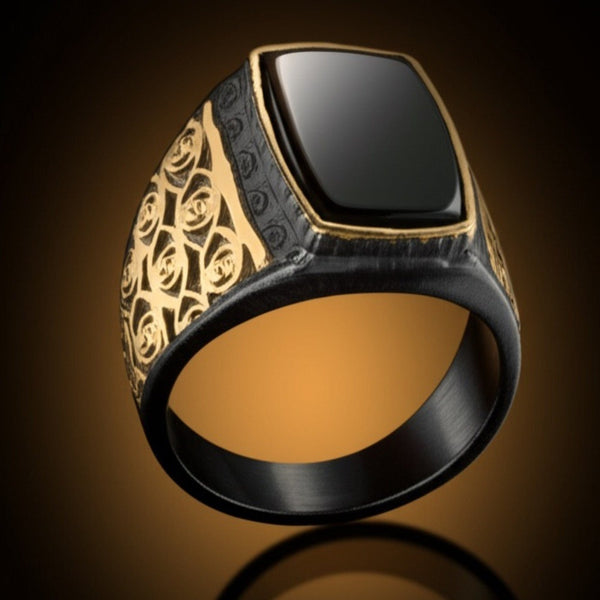 Royal Series - MIDNIGHT ORACLE RING - Pure Stainless Steel Men’s Black-Gold-Plated Ring – Statement Luxury Jewelry (Size : 16-19-21-22-24-26)
