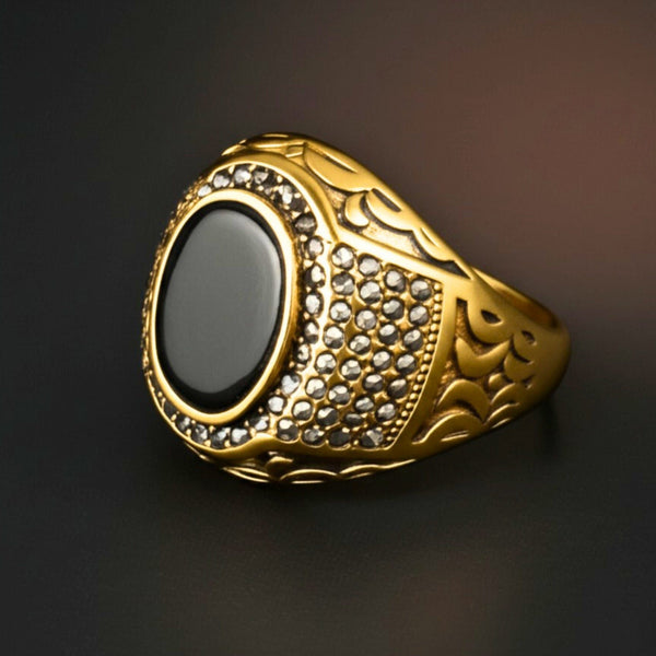 Royal Series - MIDNIGHT THRONE RING - Pure Stainless Steel Men’s Steel-Gold-Plated Ring – Statement Luxury Jewelry (Size : 16-17-22-26-27)