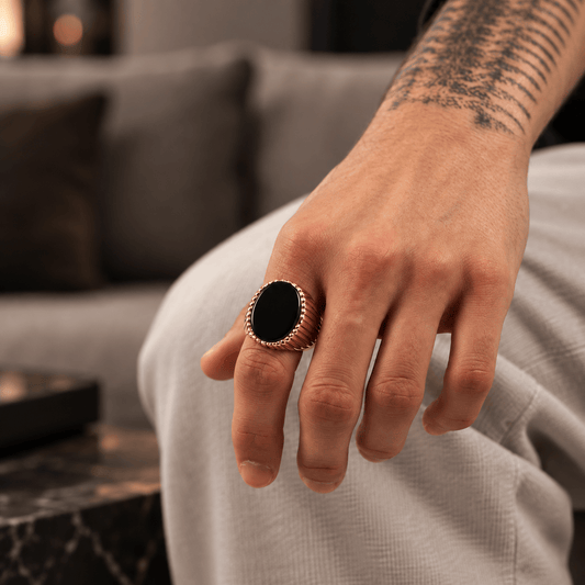 THE MEN THING Rings Royal Series - NIGHT EMBER RING - Pure Stainless Steel Men’s Rose Gold-Plated Black Onyx Ring – Statement Luxury Jewelry (Size : 16-21-27)