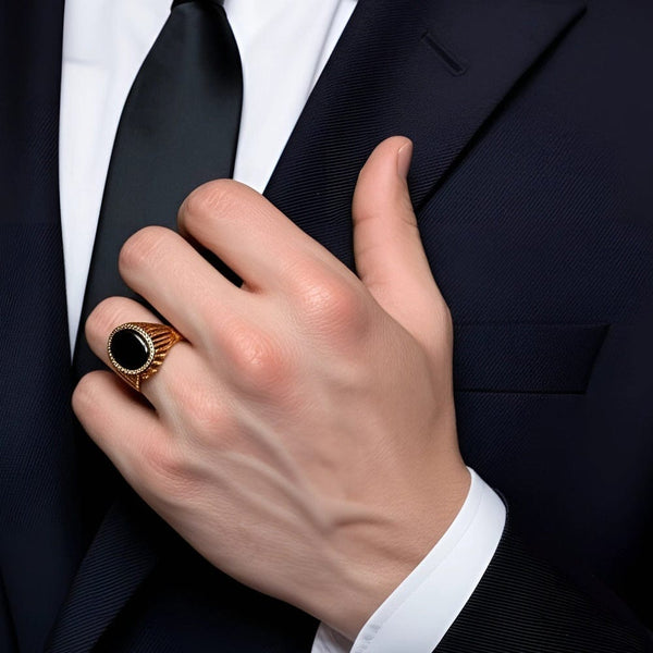 Royal Series - NIGHT EMBER RING - Pure Stainless Steel Men’s Rose Gold-Plated Black Onyx Ring – Statement Luxury Jewelry (Size : 16-21-27)