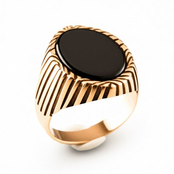Royal Series - NIGHT EMBER RING - Pure Stainless Steel Men’s Rose Gold-Plated Black Onyx Ring – Statement Luxury Jewelry (Size : 16-21-27)