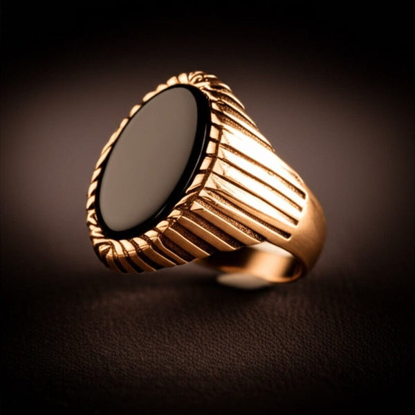 Royal Series - NIGHT EMBER RING - Pure Stainless Steel Men’s Rose Gold-Plated Black Onyx Ring – Statement Luxury Jewelry (Size : 16-21-27)