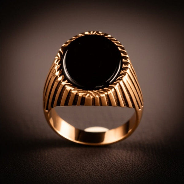 Royal Series - NIGHT EMBER RING - Pure Stainless Steel Men’s Rose Gold-Plated Black Onyx Ring – Statement Luxury Jewelry (Size : 16-21-27)