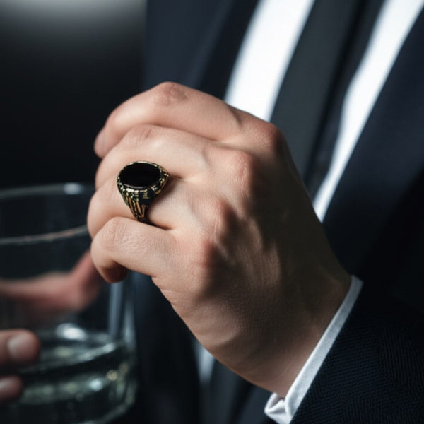 Royal Series - NIGHT EMPEROR RING - Pure Stainless Steel Men’s Black-Gold-Plated Ring – Statement Luxury Jewelry (Size : -19-21-24-27)