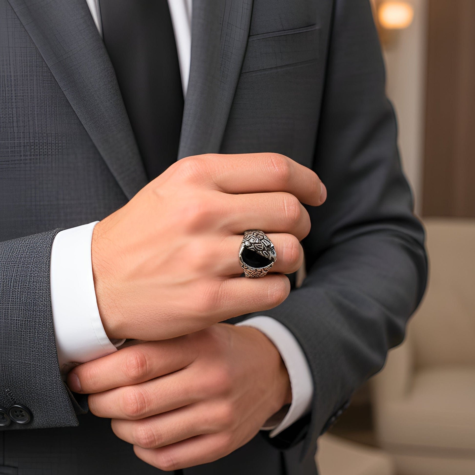 The Men Thing Rings Royal Series - NIGHT GRIM RING - Pure Stainless Steel Men’s Steel-Plated Ring – Statement Luxury Jewelry (Size : 17-21-27)