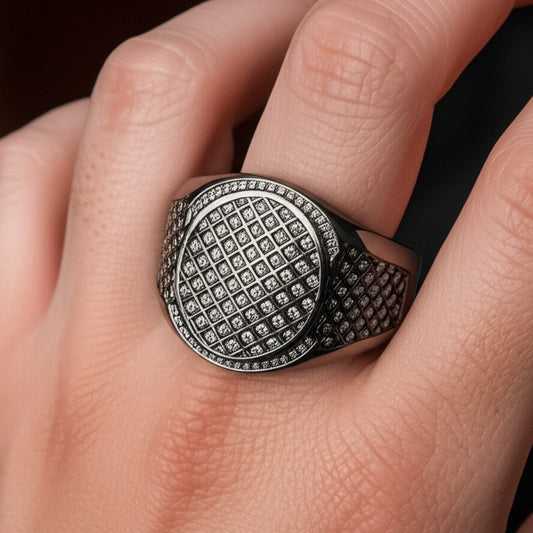 THE MEN THING Rings Royal Series - NIGHTFALL MESH RING - Pure Stainless Steel Men’s Black-Plated Ring – Statement Luxury Jewelry (Size : 16-19-21-24)