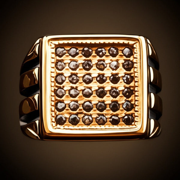 Royal Series - REGAL GRID RING - Pure Stainless Steel Men’s Gold-Plated Ring – Statement Luxury Jewelry (Size : 16-26)