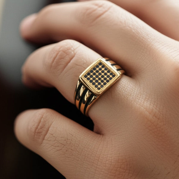 Royal Series - REGAL GRID RING - Pure Stainless Steel Men’s Gold-Plated Ring – Statement Luxury Jewelry (Size : 16-26)