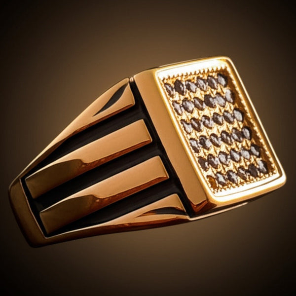 Royal Series - REGAL GRID RING - Pure Stainless Steel Men’s Gold-Plated Ring – Statement Luxury Jewelry (Size : 16-26)