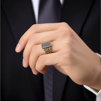 THE MEN THING Rings Royal Series - NIGHTFIRE CREST RING - Pure Stainless Steel Men’s Steel-Gold-Plated Ring – Statement Luxury Jewelry (Size : 17-24-27)