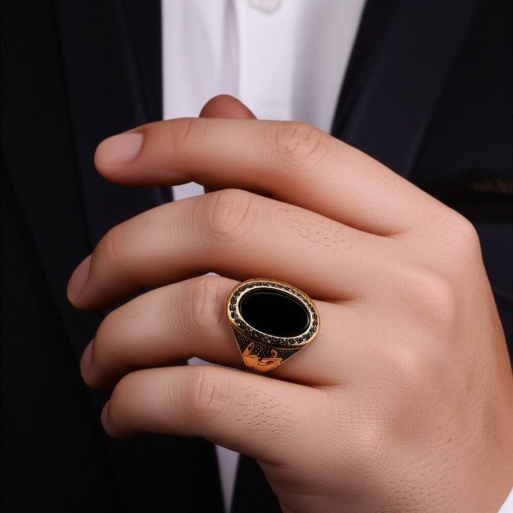 THE MEN THING Rings Royal Series - NOIR EMBLEM RING - Pure Stainless Steel Men’s Steel-Gold-Plated Ring – Statement Luxury Jewelry (Size : 21-27)