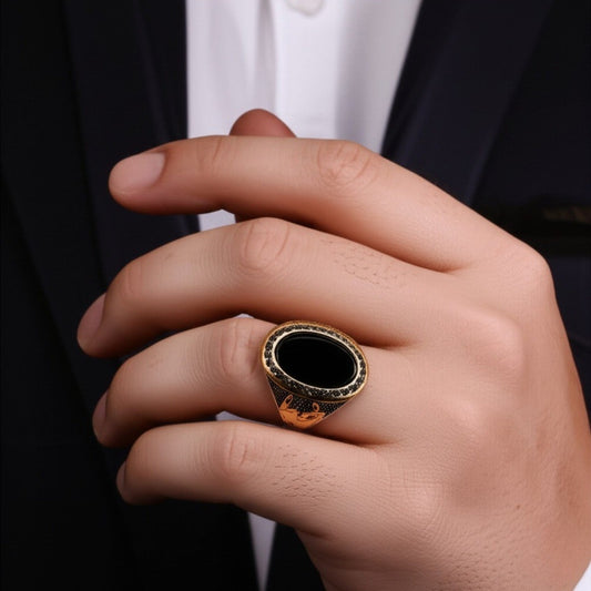 THE MEN THING Rings Royal Series - NOIR EMBLEM RING - Pure Stainless Steel Men’s Steel-Gold-Plated Ring – Statement Luxury Jewelry (Size : 21-27)