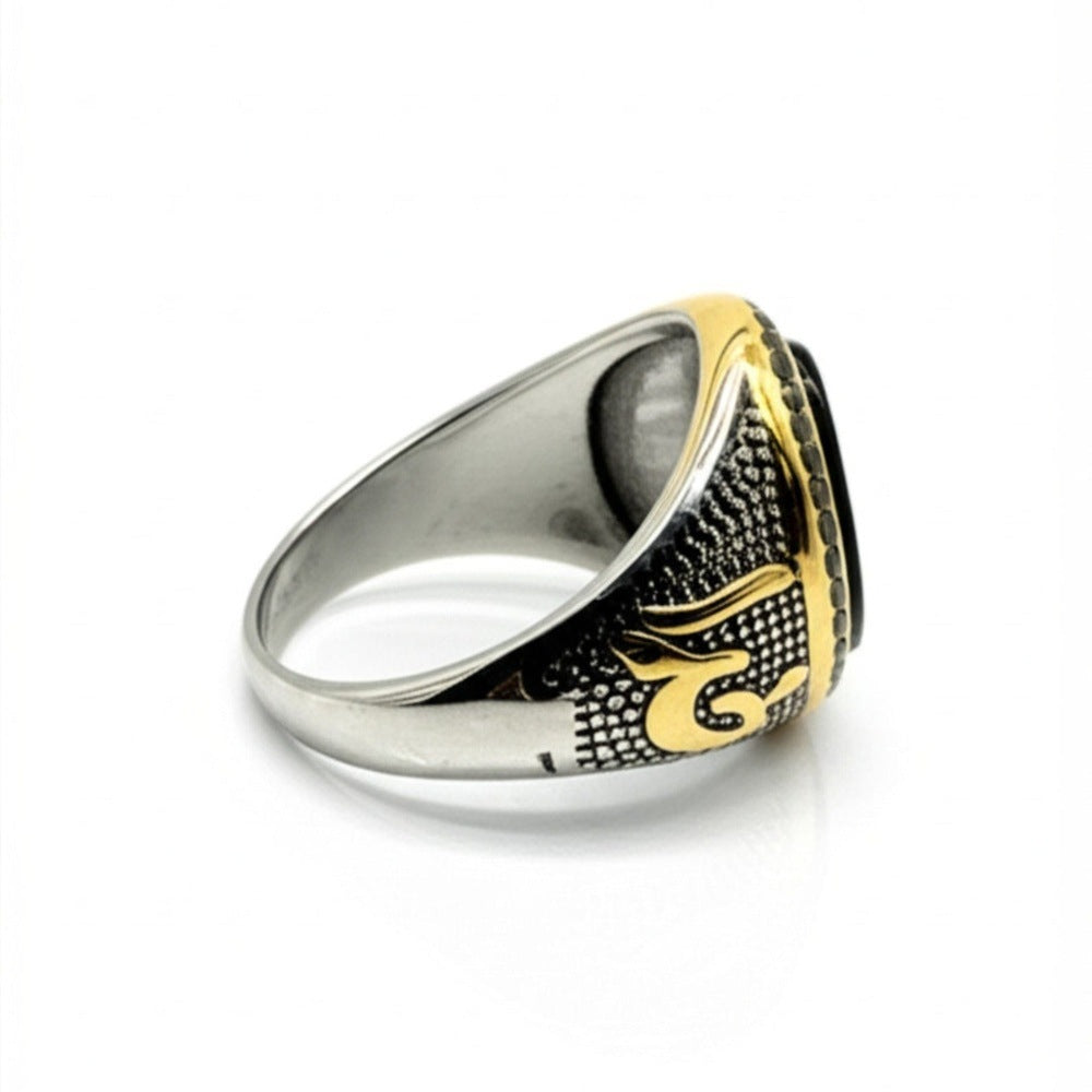 THE MEN THING Rings Royal Series - NOIR EMBLEM RING - Pure Stainless Steel Men’s Steel-Gold-Plated Ring – Statement Luxury Jewelry (Size : 21-27)