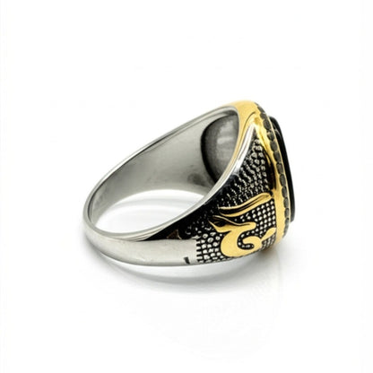 THE MEN THING Rings Royal Series - NOIR EMBLEM RING - Pure Stainless Steel Men’s Steel-Gold-Plated Ring – Statement Luxury Jewelry (Size : 21-27)