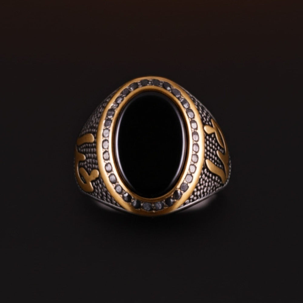 THE MEN THING Rings Royal Series - NOIR EMBLEM RING - Pure Stainless Steel Men’s Steel-Gold-Plated Ring – Statement Luxury Jewelry (Size : 21-27)