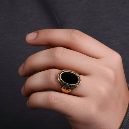 THE MEN THING Rings Royal Series - NOIR EMBLEM RING - Pure Stainless Steel Men’s Steel-Gold-Plated Ring – Statement Luxury Jewelry (Size : 21-27)