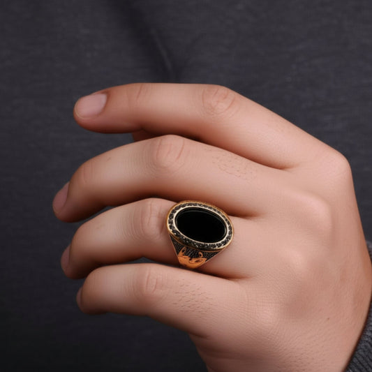 THE MEN THING Rings Royal Series - NOIR EMBLEM RING - Pure Stainless Steel Men’s Steel-Gold-Plated Ring – Statement Luxury Jewelry (Size : 21-27)