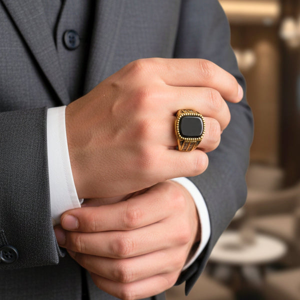 Royal Series - Obsidian Sovereign Signet Ring - Pure Stainless Steel Men’s Gold-Plated Ring – Statement Luxury Jewelry (Size : 16-19-22-26)