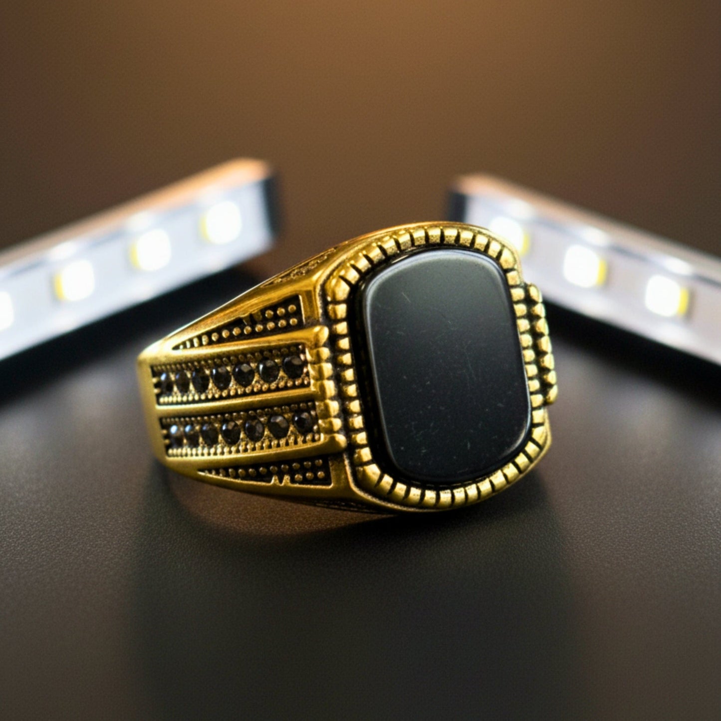 THE MEN THING Rings Royal Series - Obsidian Sovereign Signet Ring - Pure Stainless Steel Men’s Gold-Plated Ring – Statement Luxury Jewelry (Size : 16-19-22-26)