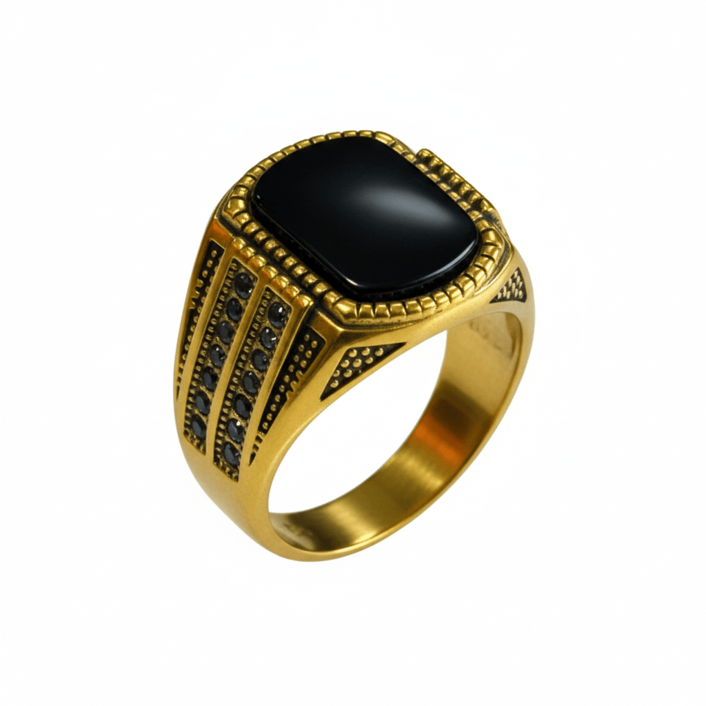 THE MEN THING Rings Royal Series - Obsidian Sovereign Signet Ring - Pure Stainless Steel Men’s Gold-Plated Ring – Statement Luxury Jewelry (Size : 16-19-22-26)