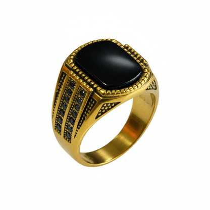 THE MEN THING Rings Royal Series - Obsidian Sovereign Signet Ring - Pure Stainless Steel Men’s Gold-Plated Ring – Statement Luxury Jewelry (Size : 16-19-22-26)