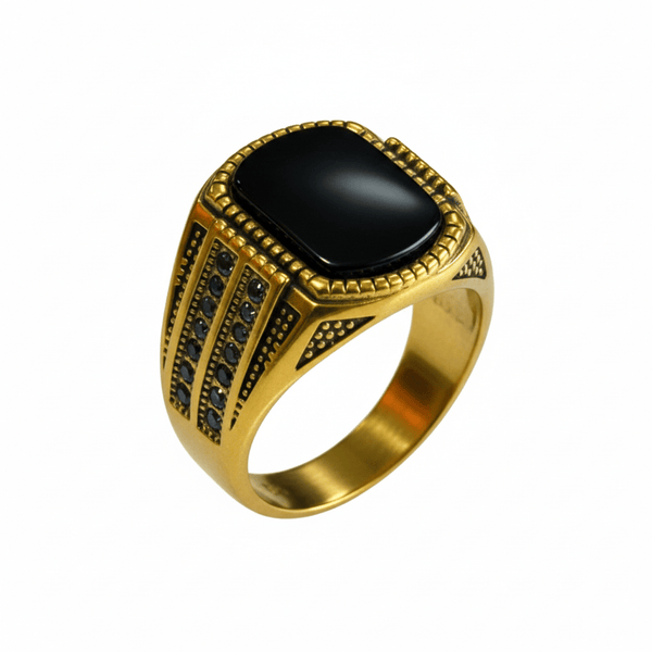 Royal Series - Obsidian Sovereign Signet Ring - Pure Stainless Steel Men’s Gold-Plated Ring – Statement Luxury Jewelry (Size : 16-19-22-26)