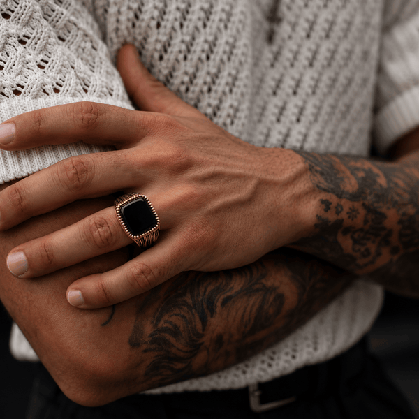Royal Series - Obsidian Sovereign Signet Ring - Pure Stainless Steel Men’s Gold-Plated Ring – Statement Luxury Jewelry (Size : 16-19-22-26)
