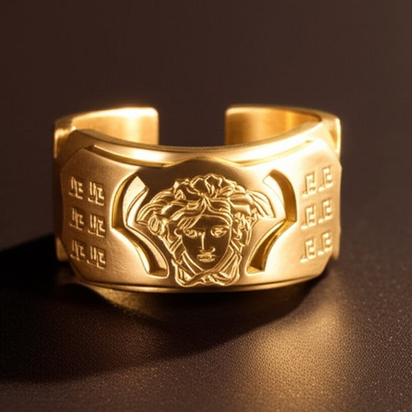 Royal Series - ORBIT BAND RING - Pure Stainless Steel Men’s Gold-Plated Ring – Statement Luxury Jewelry (Size : 15-18-21-23)