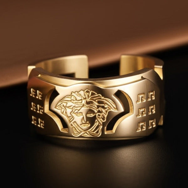 Royal Series - ORBIT BAND RING - Pure Stainless Steel Men’s Gold-Plated Ring – Statement Luxury Jewelry (Size : 15-18-21-23)