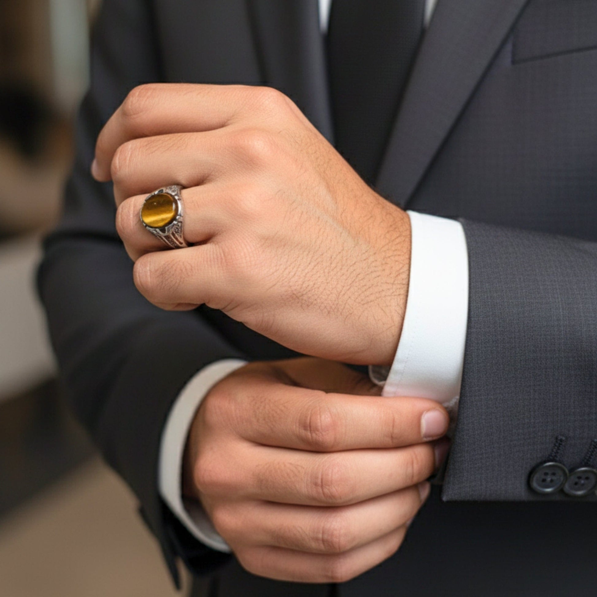 THE MEN THING Rings Royal Series - OVAL TIGER EYE - Pure Stainless Steel Men’s Steel-Plated Ring – Statement Luxury Jewelry (Size :15-16-17-19-21-22-25-26-27)