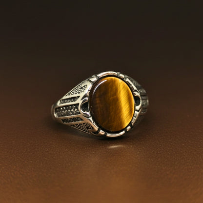 THE MEN THING Rings Royal Series - OVAL TIGER EYE - Pure Stainless Steel Men’s Steel-Plated Ring – Statement Luxury Jewelry (Size :15-16-17-19-21-22-25-26-27)