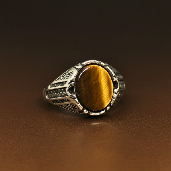 Royal Series - OVAL TIGER EYE - Pure Stainless Steel Men’s Steel-Plated Ring – Statement Luxury Jewelry (Size :15-16-17-19-21-22-25-26-27)