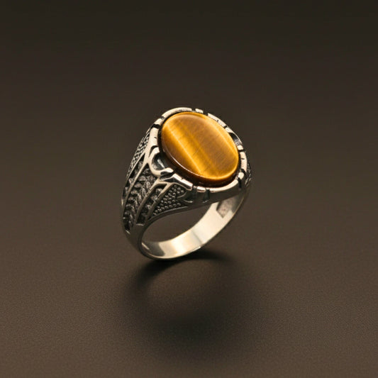 THE MEN THING Rings Royal Series - OVAL TIGER EYE - Pure Stainless Steel Men’s Steel-Plated Ring – Statement Luxury Jewelry (Size :15-16-17-19-21-22-25-26-27)