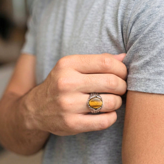 THE MEN THING Rings Royal Series - OVAL TIGER EYE - Pure Stainless Steel Men’s Steel-Plated Ring – Statement Luxury Jewelry (Size :15-16-17-19-21-22-25-26-27)