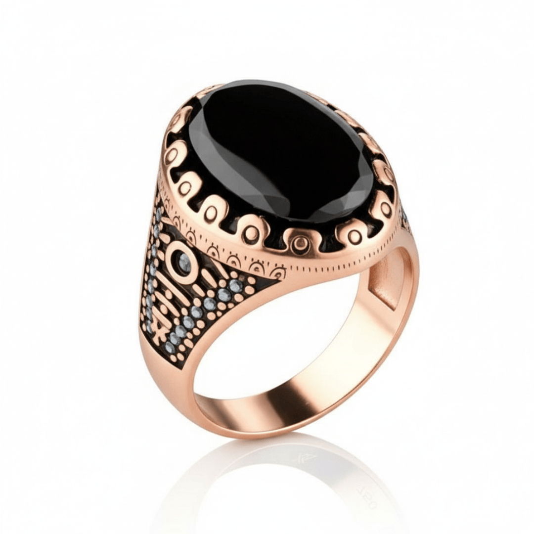THE MEN THING Rings Royal Series - RAVIK RING - Pure Stainless Steel Men’s Rose Gold-Plated Black Stone Ring – Statement Luxury Jewelry (Size : 18-19-21-22-24-26)