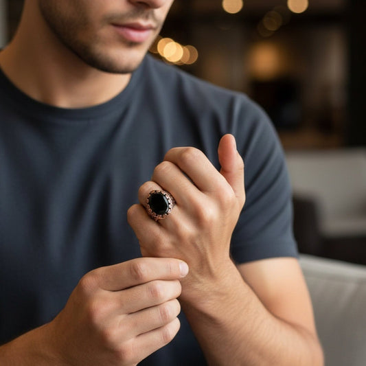 THE MEN THING Rings Royal Series - RAVIK RING - Pure Stainless Steel Men’s Rose Gold-Plated Black Stone Ring – Statement Luxury Jewelry (Size : 18-19-21-22-24-26)