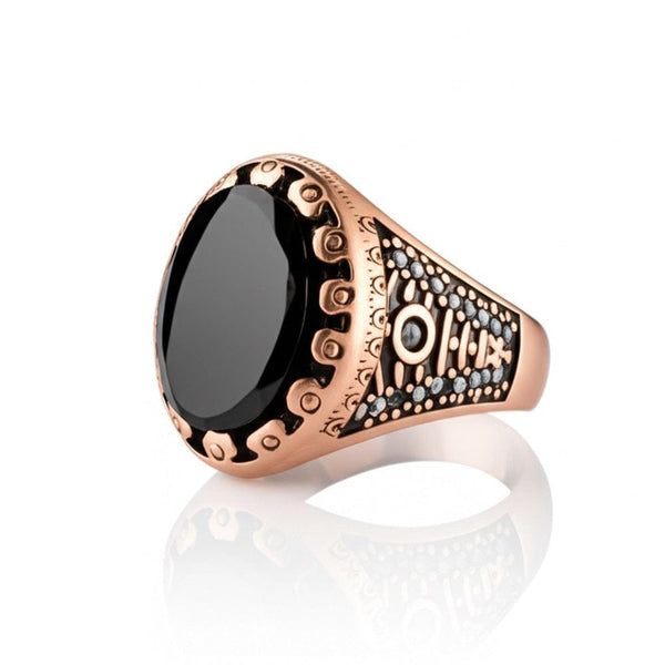 Royal Series - RAVIK RING - Pure Stainless Steel Men’s Rose Gold-Plated Black Stone Ring – Statement Luxury Jewelry (Size : 18-19-21-22-24-26)