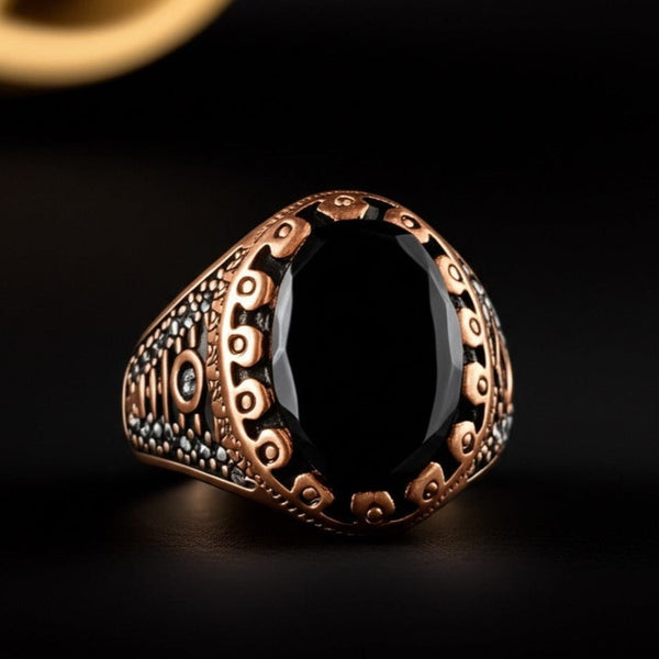 Royal Series - RAVIK RING - Pure Stainless Steel Men’s Rose Gold-Plated Black Stone Ring – Statement Luxury Jewelry (Size : 18-19-21-22-24-26)