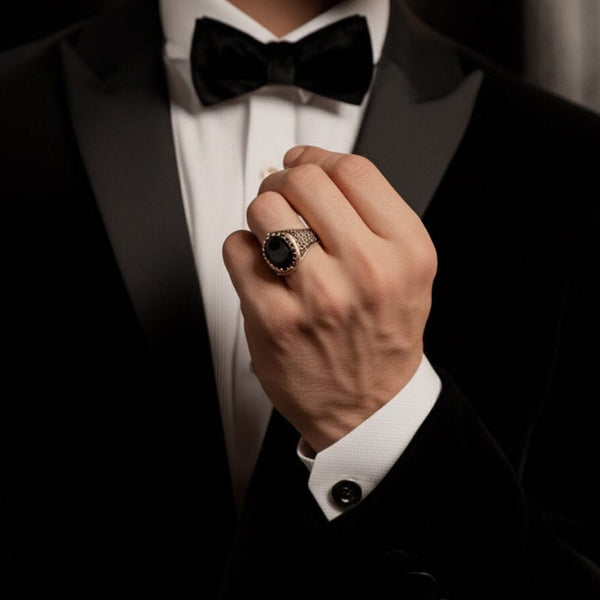 Royal Series - RAVIK RING - Pure Stainless Steel Men’s Rose Gold-Plated Black Stone Ring – Statement Luxury Jewelry (Size : 18-19-21-22-24-26)