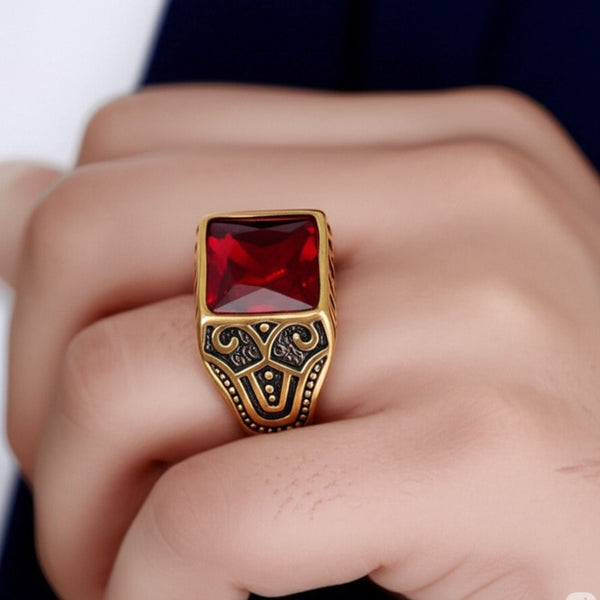 Royal Series - RED VALOR RING - Pure Stainless Steel Men’s Gold-Red Stone-Plated Ring – Statement Luxury Jewelry (Size : 18-21-23)