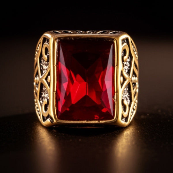 Royal Series - RED VALOR RING - Pure Stainless Steel Men’s Gold-Red Stone-Plated Ring – Statement Luxury Jewelry (Size : 18-21-23)