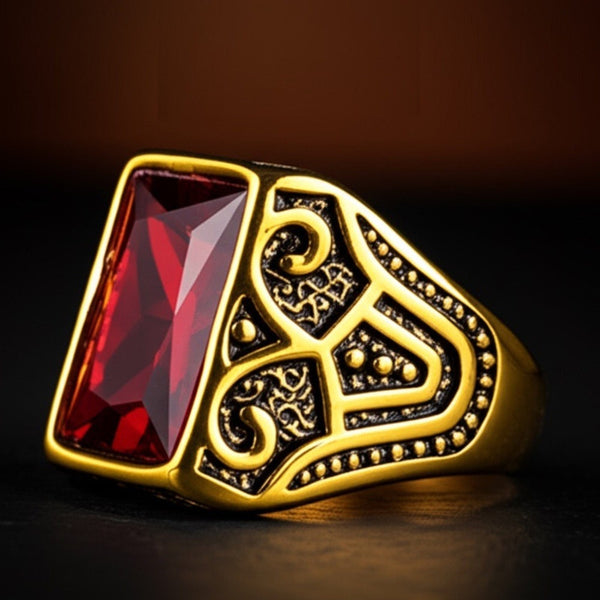 Royal Series - RED VALOR RING - Pure Stainless Steel Men’s Gold-Red Stone-Plated Ring – Statement Luxury Jewelry (Size : 18-21-23)
