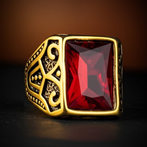 Royal Series - RED VALOR RING - Pure Stainless Steel Men’s Gold-Red Stone-Plated Ring – Statement Luxury Jewelry (Size : 18-21-23)