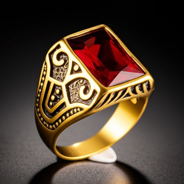 Royal Series - RED VALOR RING - Pure Stainless Steel Men’s Gold-Red Stone-Plated Ring – Statement Luxury Jewelry (Size : 18-21-23)