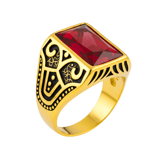 Royal Series - RED VALOR RING - Pure Stainless Steel Men’s Gold-Red Stone-Plated Ring – Statement Luxury Jewelry (Size : 18-21-23)