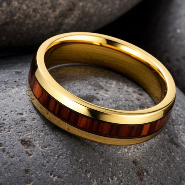 Royal Series - REDWOOD BAND RING - Pure Stainless Steel Men’s Gold-Plated Brown Strip Ring – Statement Luxury Jewelry (Size : 17-19-22-24-27)