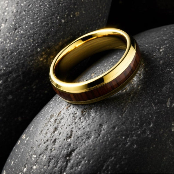 Royal Series - REDWOOD BAND RING - Pure Stainless Steel Men’s Gold-Plated Brown Strip Ring – Statement Luxury Jewelry (Size : 17-19-22-24-27)