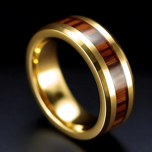 Royal Series - REDWOOD BAND RING - Pure Stainless Steel Men’s Gold-Plated Brown Strip Ring – Statement Luxury Jewelry (Size : 17-19-22-24-27)